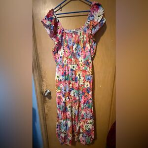 JODIFL Women’s 2X Colorful Floral Maxi Dress Cap Sleeve Vibrant Stretchy Boho Su